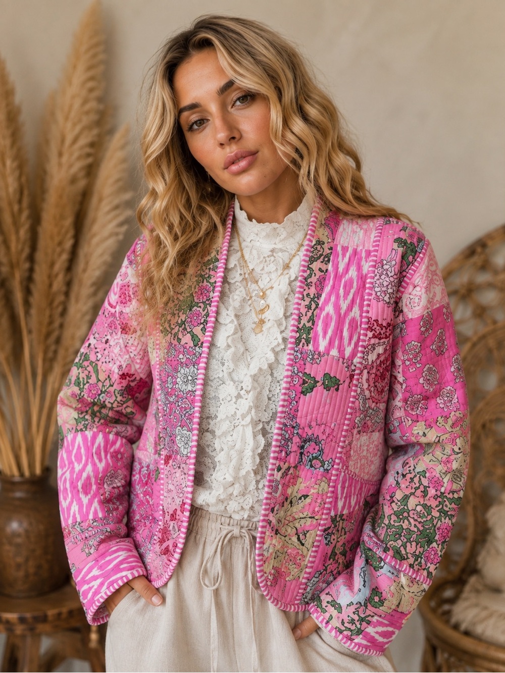 NWT POL Pink Patchwork Quilted Bomber Jacket (092690) 🌼
